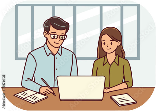 Man and Woman Working Together on Laptop at Desk with Papers vector illustration