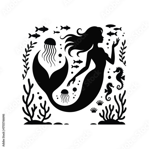 Enchanting Mermaid Silhouette Illustration with Sea Life, Ocean Depths, and Aquatic Flora
