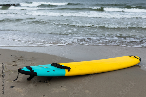 Photography surfing board on the sea background