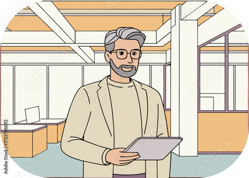 Smiling man with glasses and beard holding a tablet in an office vector illustration
