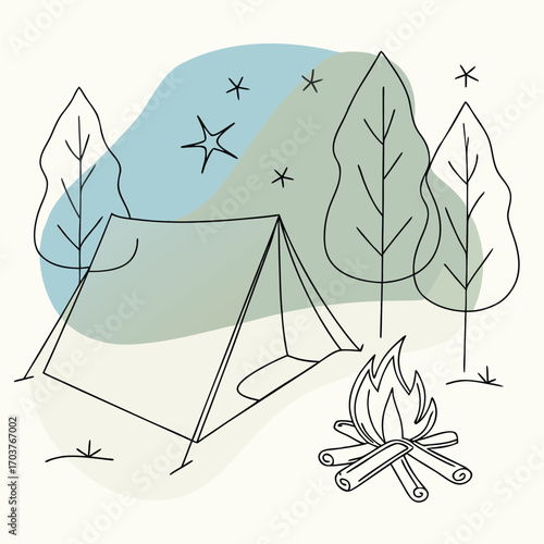 Camping Scene Illustration with Tent Bonfire and Trees Minimalist Outdoor Adventure in Nature Simple Line Art Design