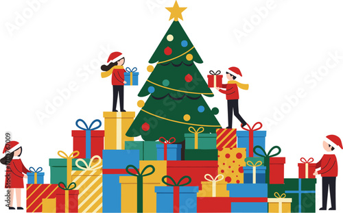 Kids celebrating Christmas, stacking colorful gift boxes, decorating Christmas tree, festive winter holiday scene, flat cartoon vector illustration, joy.