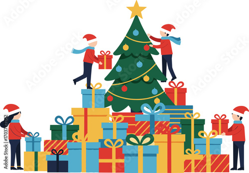 Kids celebrating Christmas, stacking colorful gift boxes, decorating Christmas tree, festive winter holiday scene, flat cartoon vector illustration, joy.
