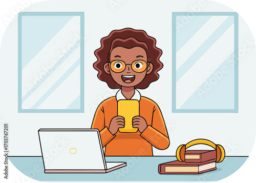Woman with Laptop and Headphones Holding a Smartphone at a Desk female person
