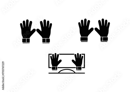  Black silhouette vector icons of goalkeeper gloves in multiple positions representing defense, safety, and football gear. Perfect for sports branding, infographics, and training graphics.