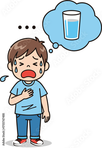 Thirsty child cartoon, crying face, sweating kid, water need, emotional expression, dehydration concept, blue outfit, red shoes, health awareness