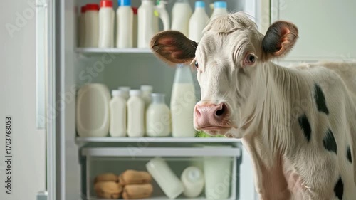 Cow standing in front of a refrigerator filled with milk and dairy products