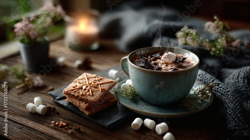 Christmas cookies gingerbread hot chocolate marshmallows wooden table cozy holiday festive baking decoration rustic seasonal winter mood 