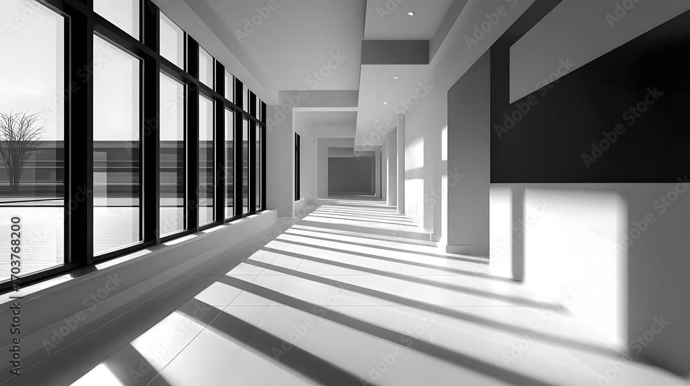 Fototapeta premium A spacious, modern hallway with large, clean lines, and a minimalist geometric pattern on the floor tiles, creating a bright and open atmosphere.