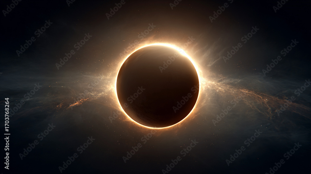 Obraz premium A dark planet encircled by a bright golden ring in space cosmic dust particles surrounding it