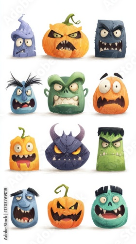 Colorful collection of cartoon monster faces with varied expressions for Halloween-themed artwork