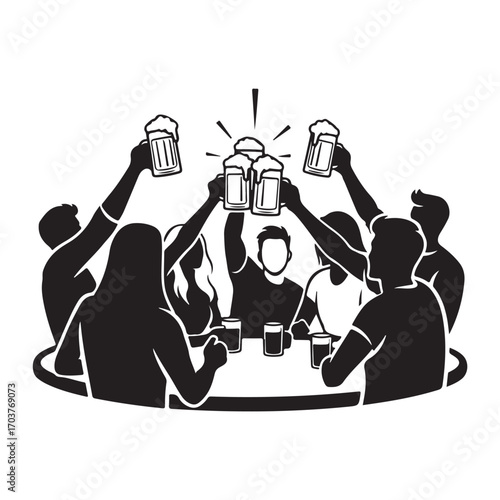Group of Friends Toasting with Beer Mugs Silhouette