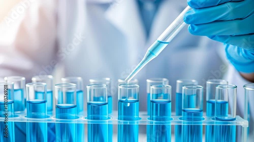Scientist using pipette to drop blue liquid into test tubes in modern laboratory, symbolizing medical research, biotechnology, chemistry, and pharmaceutical development.