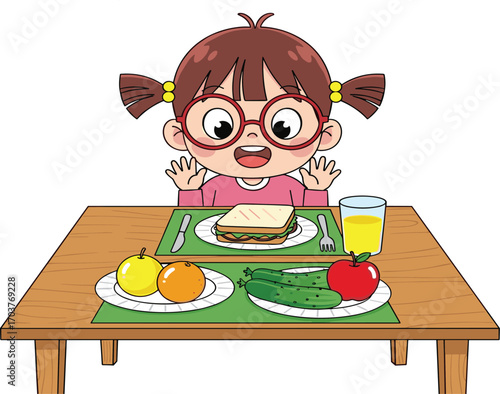 Happy child, healthy meal, cartoon illustration, balanced diet, vegetables, fruits, sandwich, juice, lunch table, nutrition, kids, eating, smile, joyful, food, school lunch, 