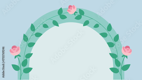 Floral archway with pink roses and green leaves on a light blue background, creating a romantic and elegant frame for wedding invitations and greetings