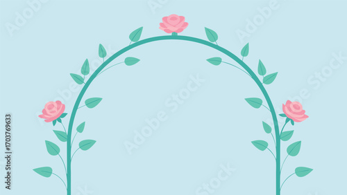 Charming floral archway with pink roses and green leaves on a light blue background, creating a whimsical frame for invitations and greetings