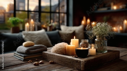 Nordic Scandinavian Christmas living room natural wood candles festive holiday interior cozy seasonal decor minimal modern background 