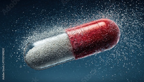 Red and white capsule exploding in mid-air