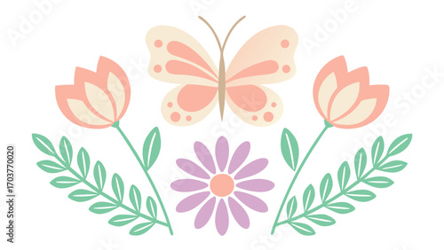 Delicate butterfly and flower arrangement isolated on white background a whimsical design featuring pastel hues and gentle floral elements