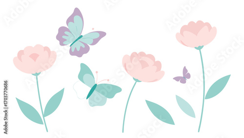 Pastel flowers and butterflies isolated on white background delicate floral arrangement with pink blooms and fluttering insects for spring designs