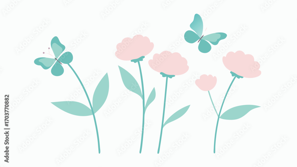 Naklejka premium Pastel flowers and butterflies isolated on white background gentle floral arrangement with pink blooms and fluttering insects for spring designs
