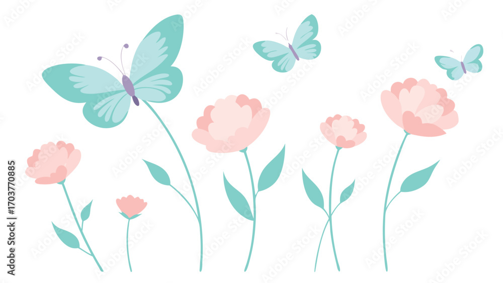 Naklejka premium Pastel flowers and butterflies isolated on white background beautiful floral arrangement with pink blooms and fluttering insects for spring designs