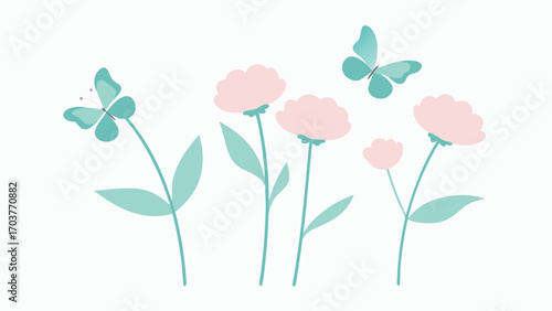 Pastel flowers and butterflies isolated on white background gentle floral arrangement with pink blooms and fluttering insects for spring designs