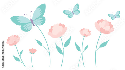 Pastel flowers and butterflies isolated on white background beautiful floral arrangement with pink blooms and fluttering insects for spring designs