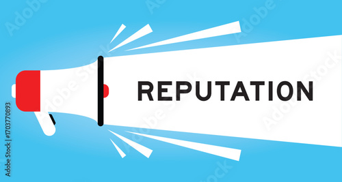 Color megaphone icon with word reputation in white banner on blue background