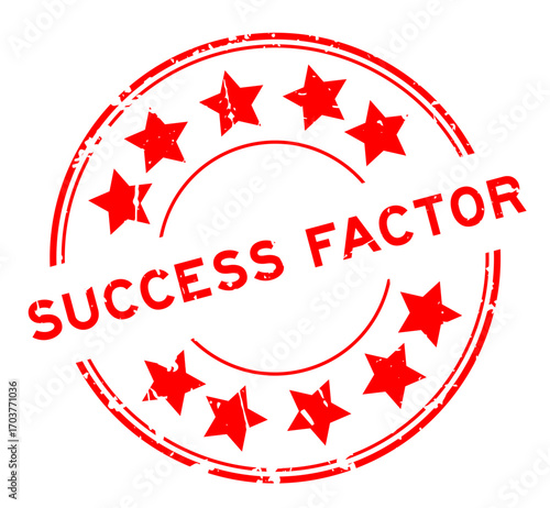 Grunge red success factor word with star icon round rubber seal stamp on white background