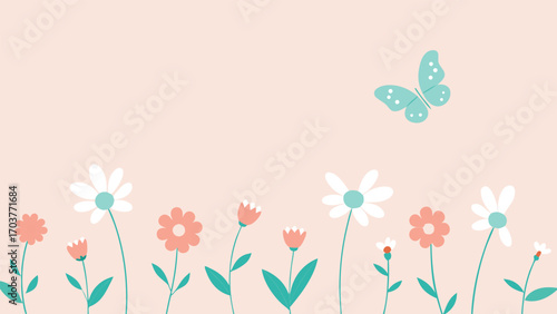 Spring meadow with flowers and butterfly a whimsical illustration of a field of daisies and tulips with a butterfly fluttering above isolated on white background