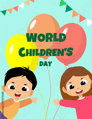 A postcard for children on World
Children's Day.The poster shows a boy and a girl with their arms raised against a background of balloons.Vector illustration