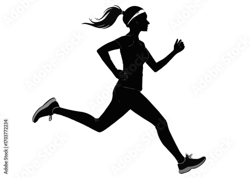 Silhouette of a woman running with a ponytail and headband on a white background in athletic wear