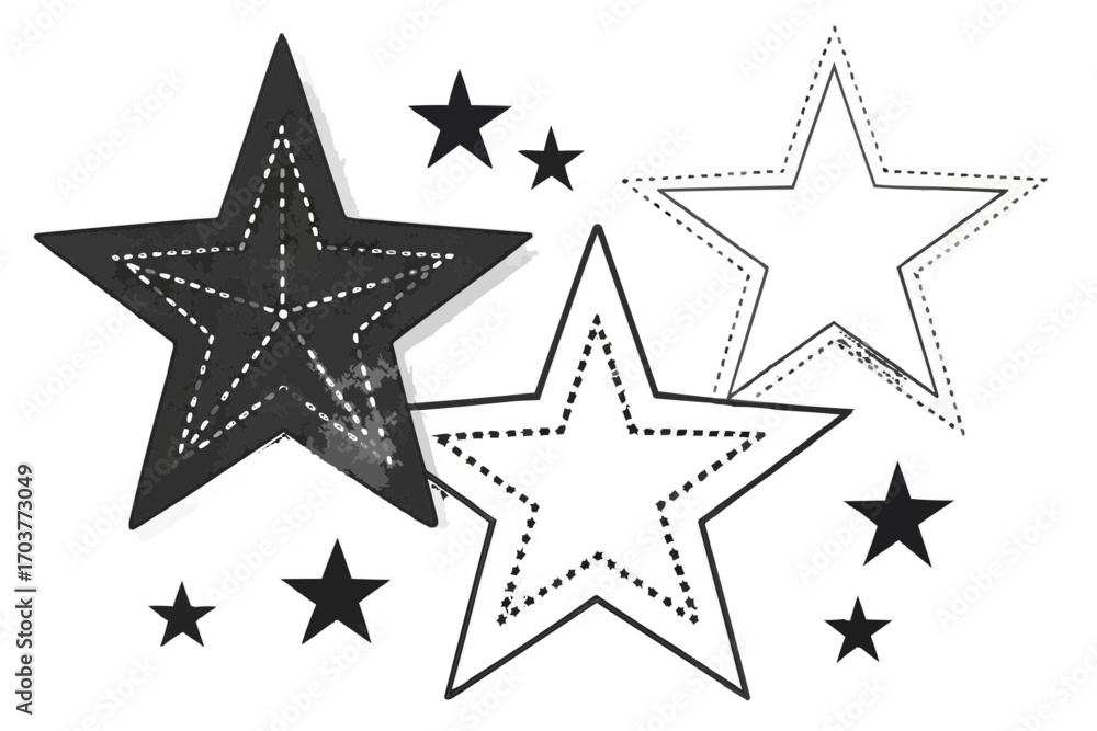 Fototapeta premium Arrangement of stars in varying sizes and styles including solid and dotted outlines with grayscale fill