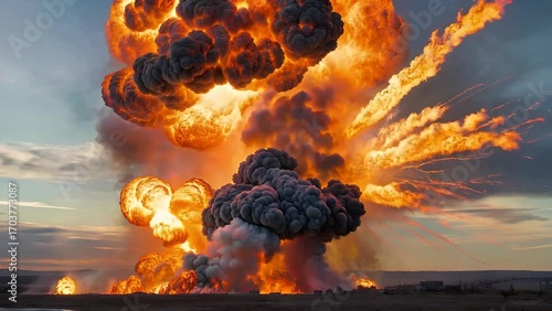 massive conflagration event spectacular and intense detonation consuming the heavens with blazing fire and billowing soot gripping visual for themes of might annihilation and nature's uncontrollable