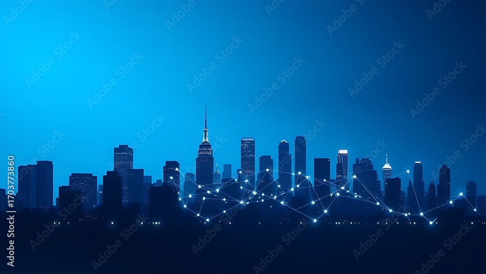 Naklejka premium Abstract city skyline silhouette with glowing connection nodes against a blue gradient backdrop.
