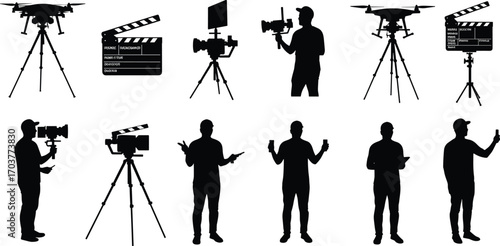 Silhouette film production with drone, clapperboard, video camera, tripod, and filmmaker crew working on professional movie set illustration