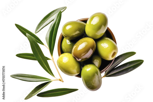 Wallpaper Mural Fresh green olives in a bowl surrounded by olive leaves, showcasing vibrant colors and natural textures, ideal for culinary and health concepts. Isolated on transparent background. PNG, cutout. Torontodigital.ca