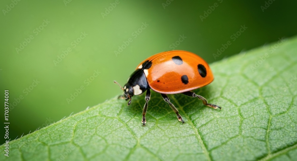 Fototapeta premium Close-up of ladybug on vibrant green leaf
