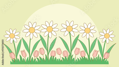 A serene daisy garden with tulips under a gentle sun, evoking a peaceful spring meadow scene, perfect for a calm and refreshing atmosphere
