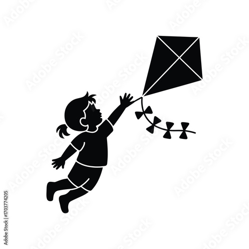 Childhood Joy Silhouette Illustration Girl Flying Kite Outdoor Activity Fun Playtime Graphic