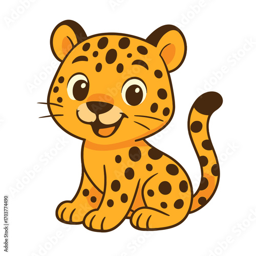 A cute cartoon baby cheetah cub, happy spotted wild cat illustration. Perfect for kids' designs, nursery, educational. Adorable, friendly, smiling jungle animal character, charming big eyes, sitting,