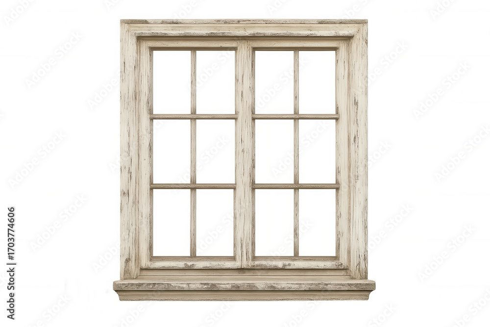 Fototapeta premium Aged white wooden window frame, weathered texture revealing vintage architectural character against transparent backdrop