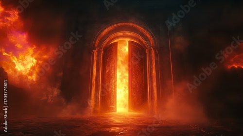 Heaven and Hell Concept with Fiery Gates and Paradise Choice