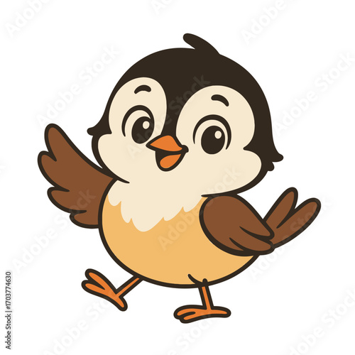 Cute, happy, friendly cartoon bird character illustration, an adorable black and brown avian with a white chest, orange beak, and big smiling eyes, cheerfully waving hello, perfect for kid-friendly de
