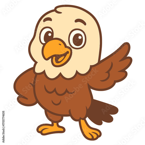 Cute cartoon bald eagle waving, cream head, brown body, yellow beak, friendly smile, perfect for kids' content, educational materials, patriotic themes, digital art, animal illustrations, cheerful mas