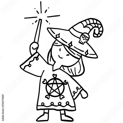 halloween illustration. Child dressed as a cheerful witch casting a spell with a magic wand.