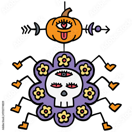 halloween illustration. Abstract Halloween design with a pumpkin and spider skull decorated with flowers