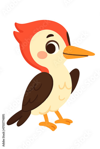 Adorable cartoon bird illustration with a vibrant red crest, light beige body, brown wings, and orange beak/feet, glowing warmly against a dark background in a charming, whimsical digital art style, p