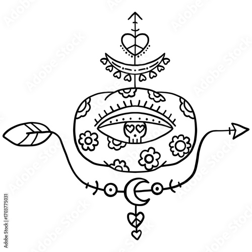 halloween illustration. Abstract black and white mystical symbol featuring an eye, hearts, and floral motifs.